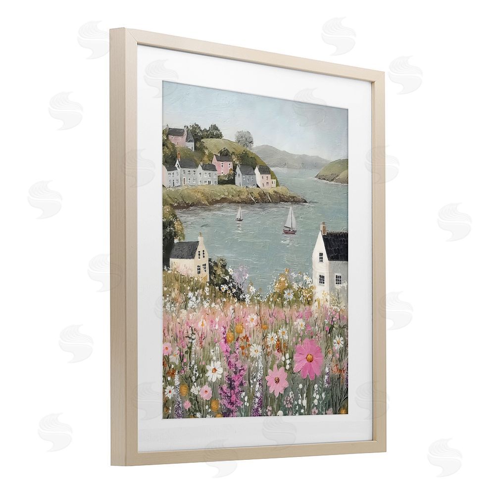 Riley B Seaside Cottages & Sailboats Brown Framed Print Under Glass with White Mat Wall Art