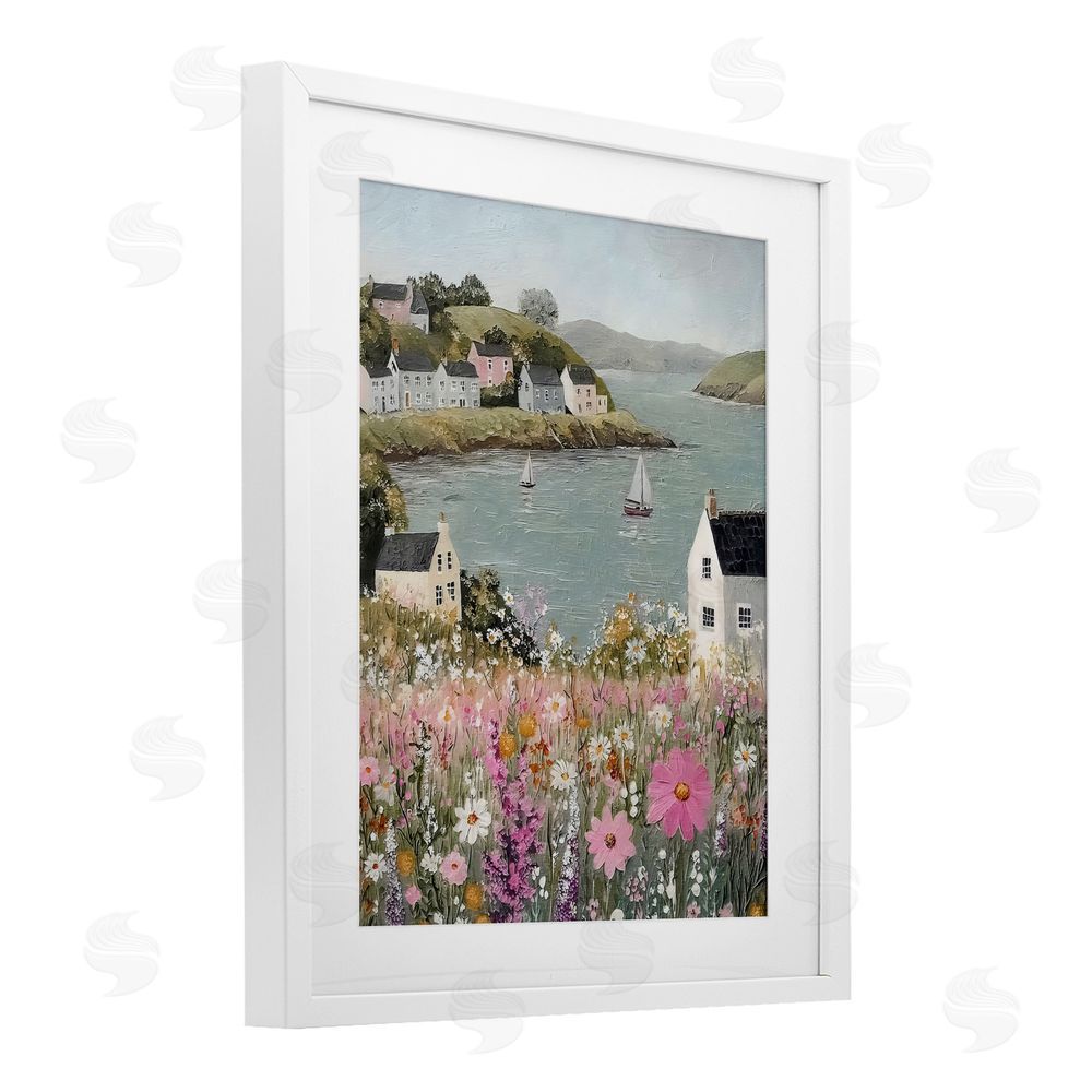 Riley B Seaside Cottages & Sailboats White Framed Print Under Glass with White Mat Wall Art