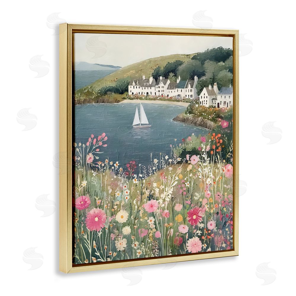 Riley B Clifftop Meadow & Sailboat Gold Floating Frame Canvas Wall Art Print
