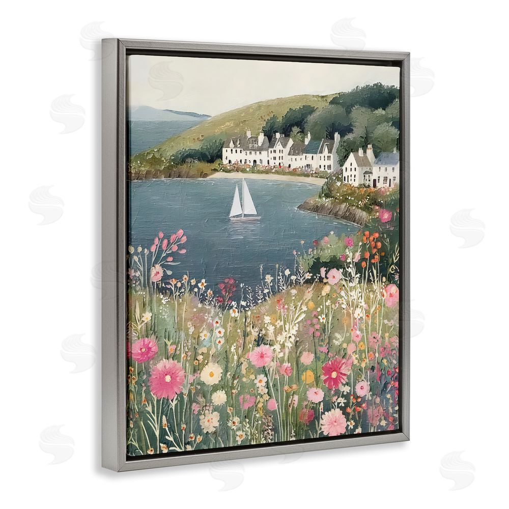 Riley B Clifftop Meadow & Sailboat Gray Floating Frame Canvas Wall Art Print