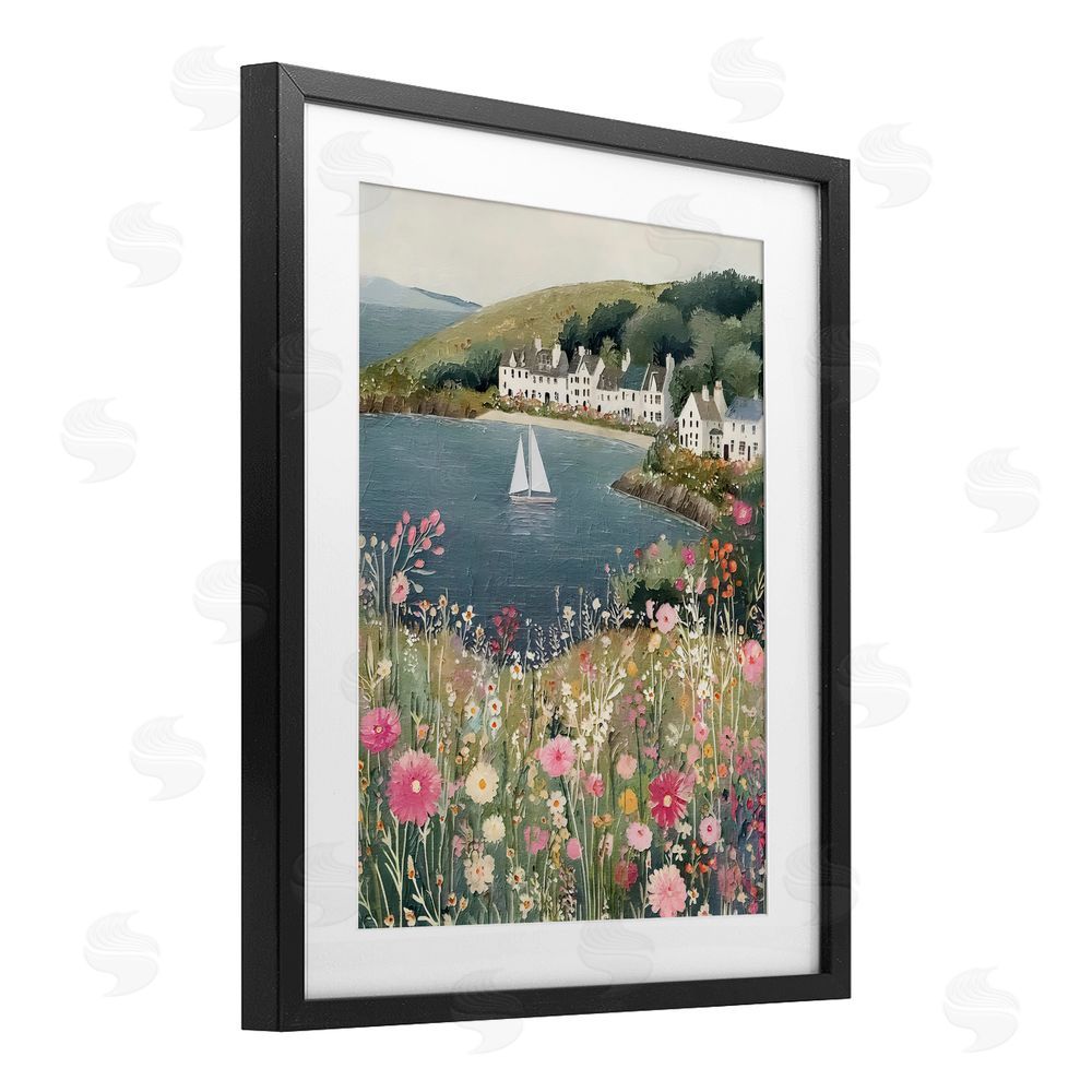 Riley B Clifftop Meadow & Sailboat Black Framed Print Under Glass Wall Art