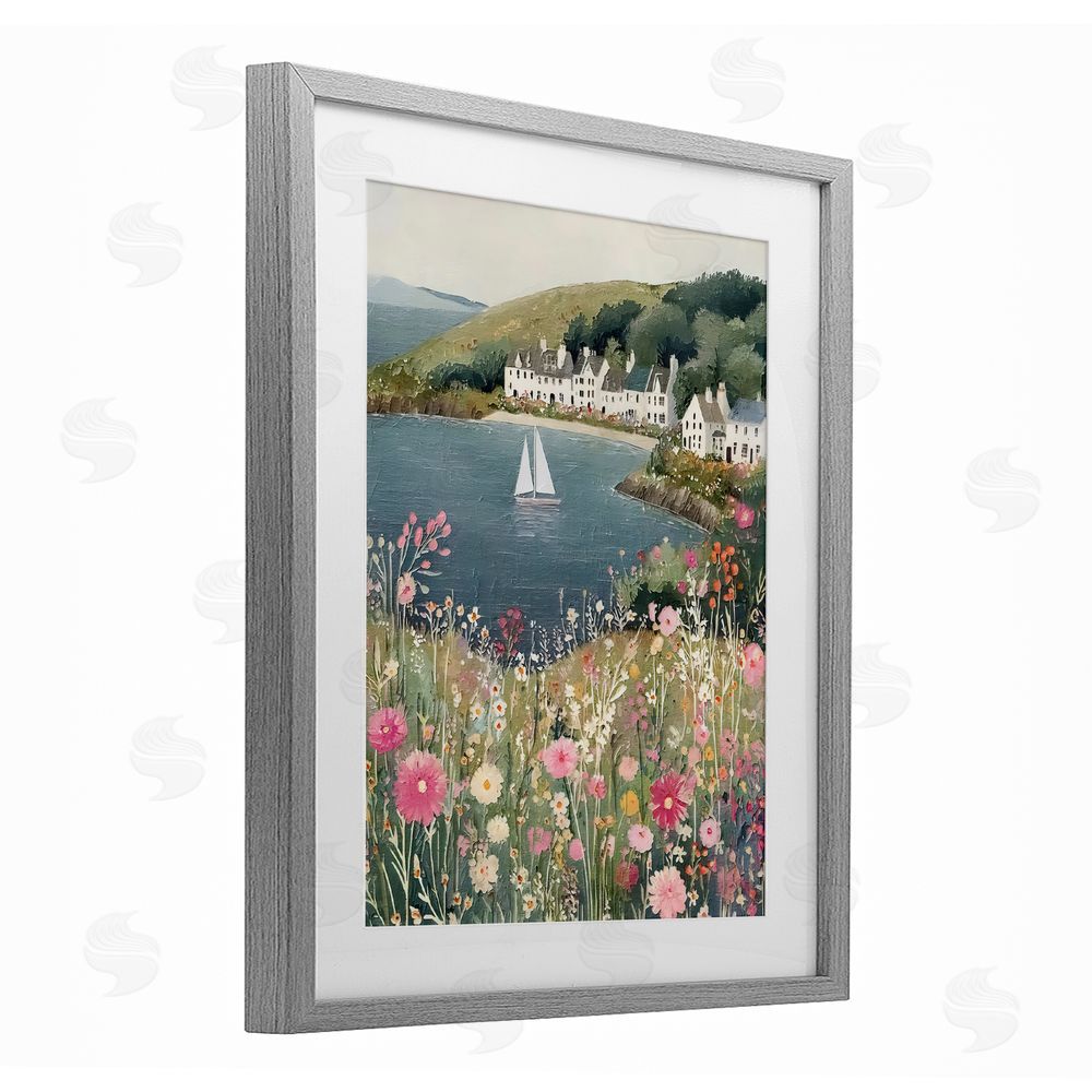 Riley B Clifftop Meadow & Sailboat Gray Framed Print Under Glass Wall Art