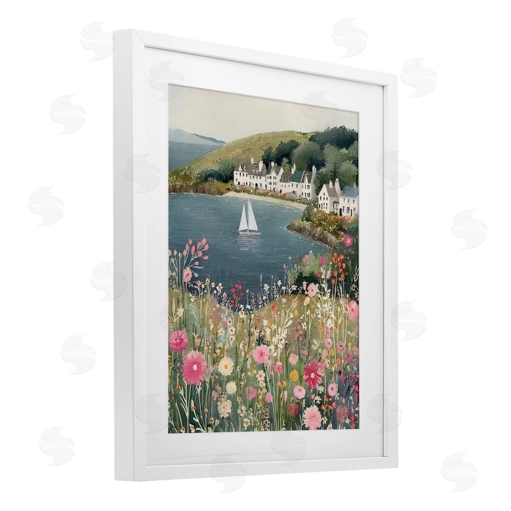 Riley B Clifftop Meadow & Sailboat White Framed Print Under Glass Wall Art