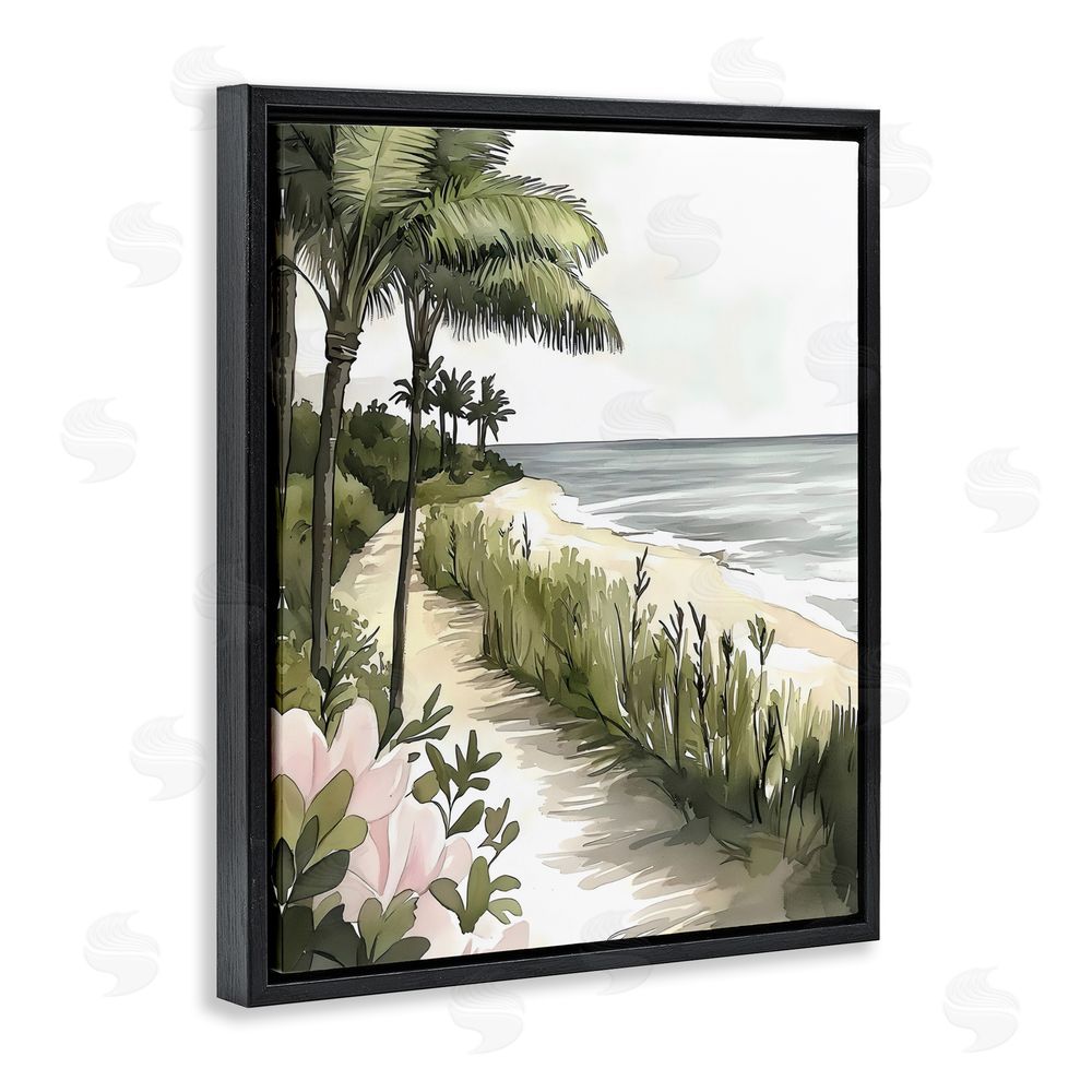 Riley B Coastal Calm Palm Tree Pathway Black Floating Frame Canvas Wall Art Print