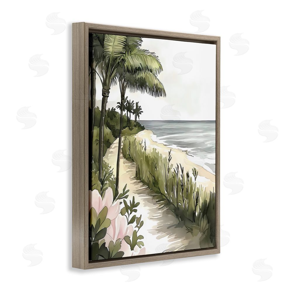 Riley B Coastal Calm Palm Tree Pathway Brown Floating Frame Canvas Wall Art Print
