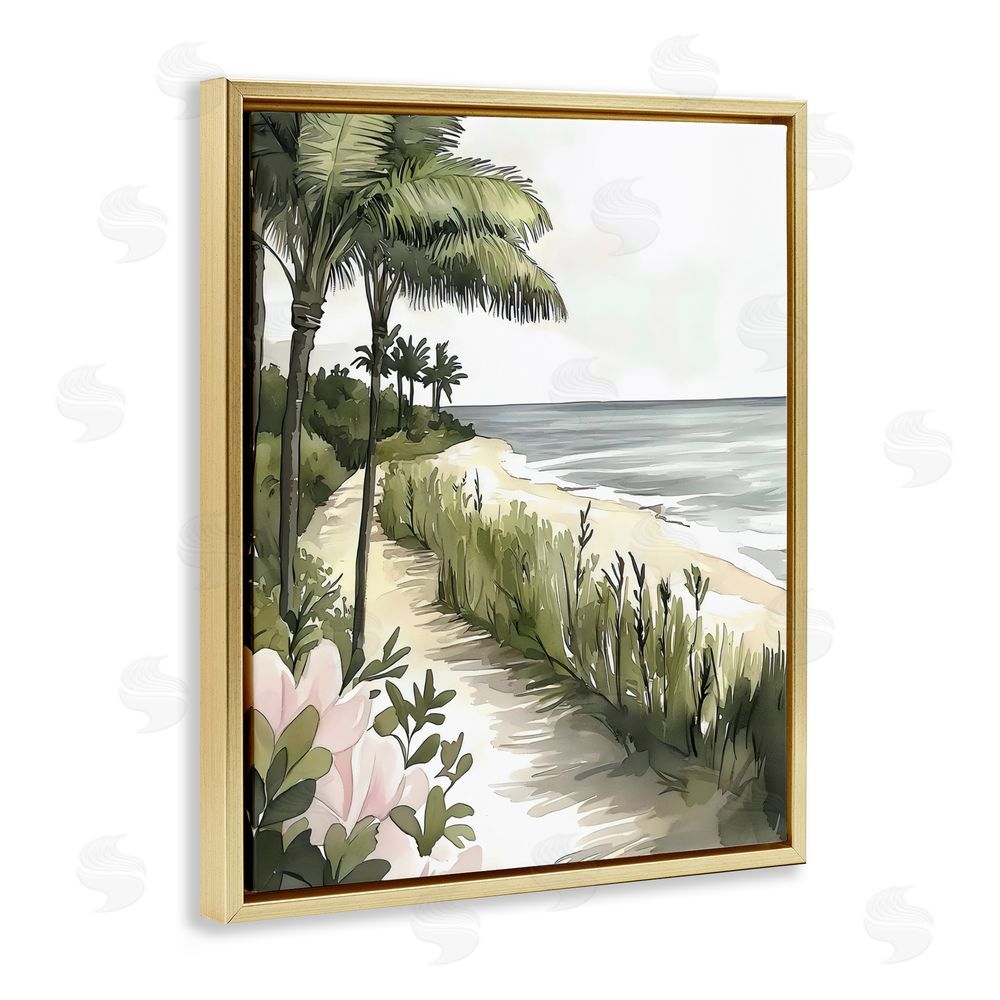 Riley B Coastal Calm Palm Tree Pathway Gold Floating Frame Canvas Wall Art Print