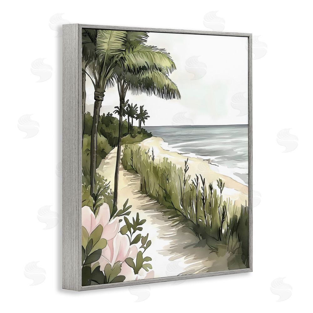 Riley B Coastal Calm Palm Tree Pathway Gray Framed Giclee Wall Art Print