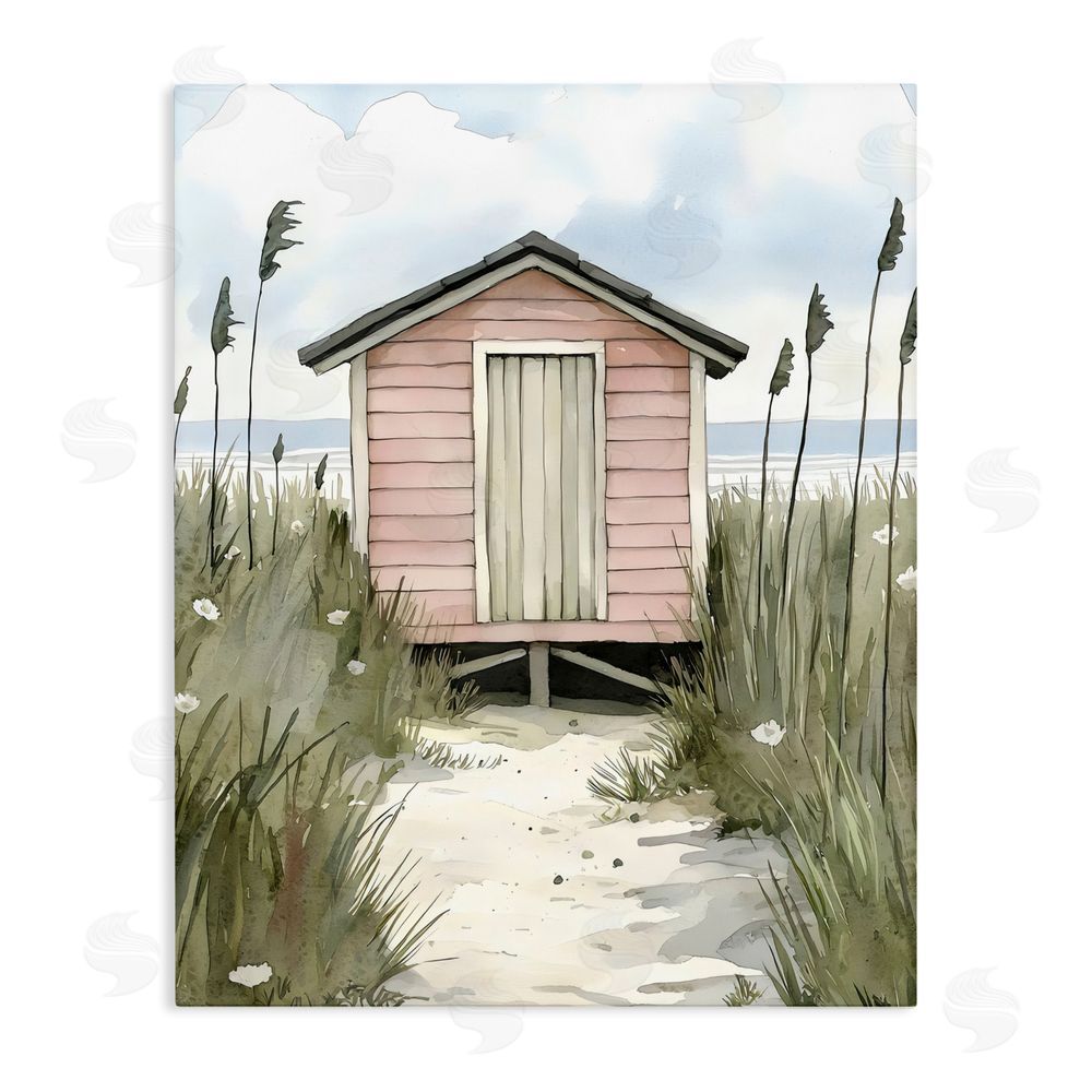 Riley B Coastal Calm Pink Beach Hut Stretched Canvas Wall Art
