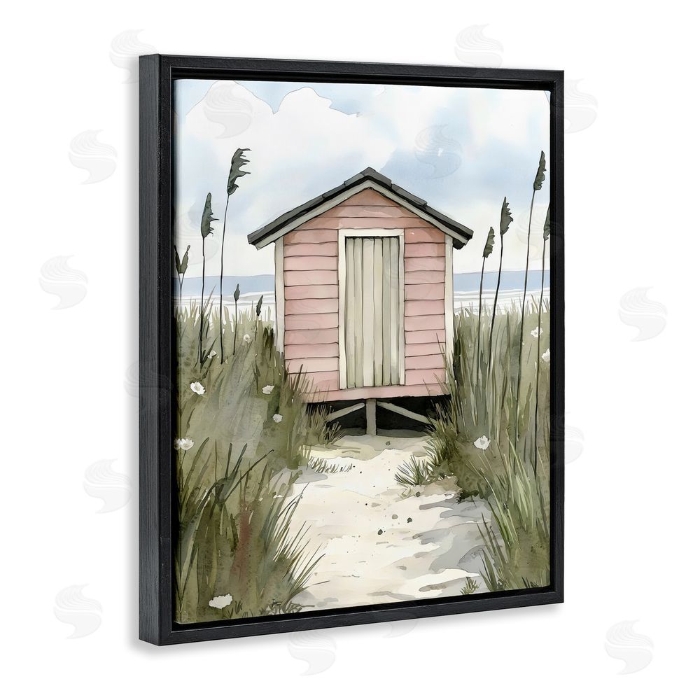 Riley B Coastal Calm Pink Beach Hut Black Floating Frame Canvas Wall Art Print