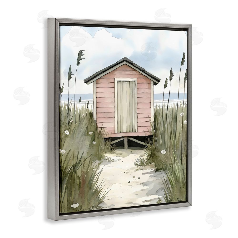 Riley B Coastal Calm Pink Beach Hut Gray Floating Frame Canvas Wall Art Print