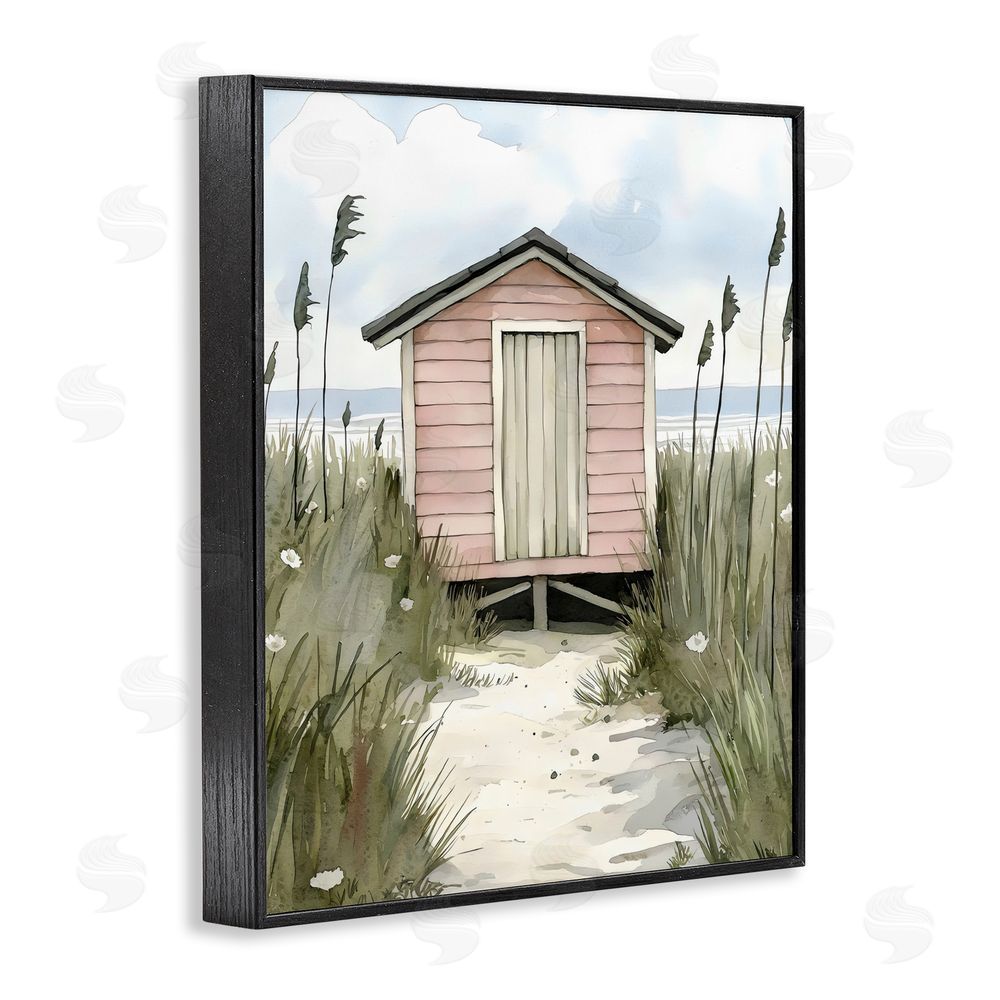 Riley B Coastal Calm Pink Beach Hut Black Framed Giclee Wall Art Print