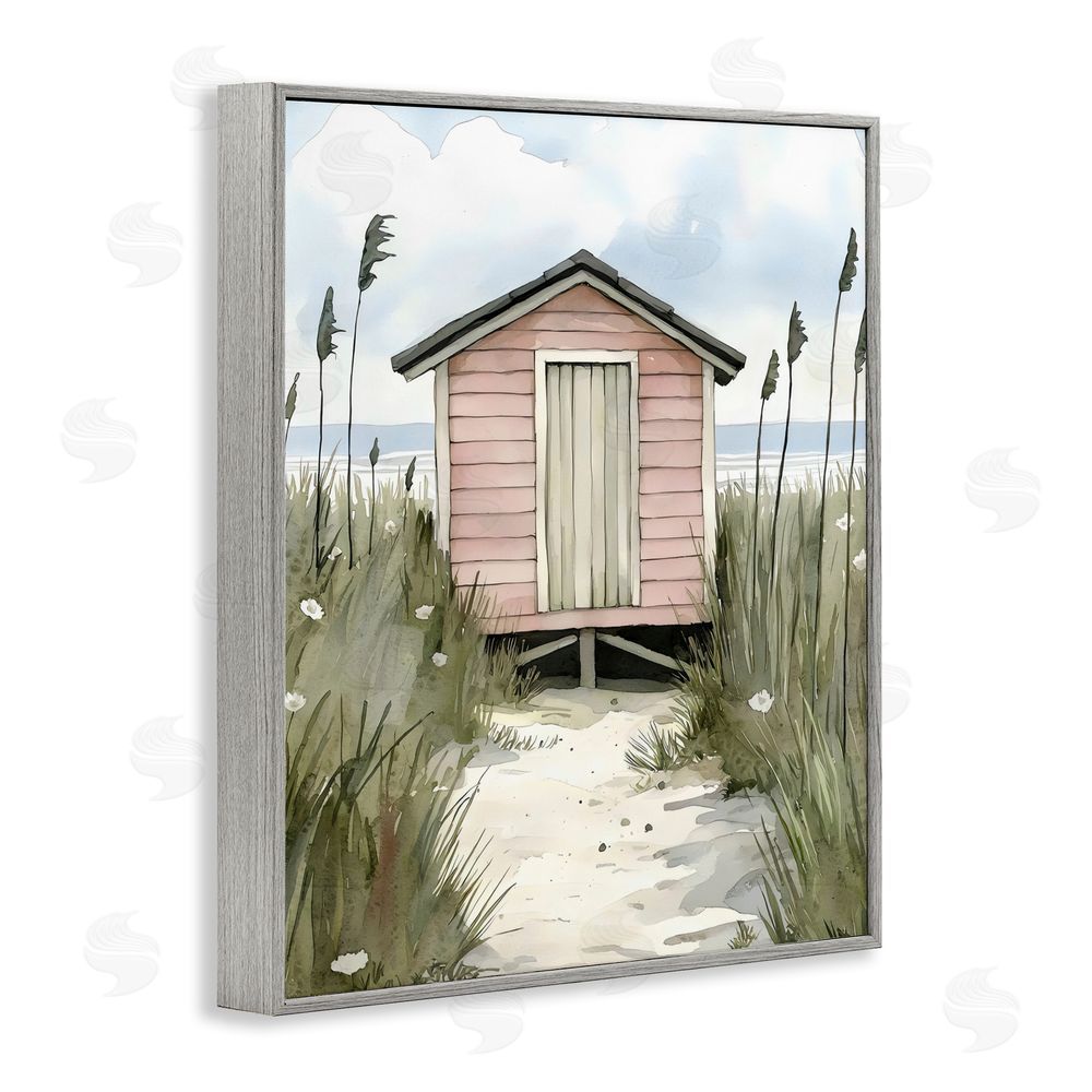 Riley B Coastal Calm Pink Beach Hut Gray Framed Giclee Wall Art Print