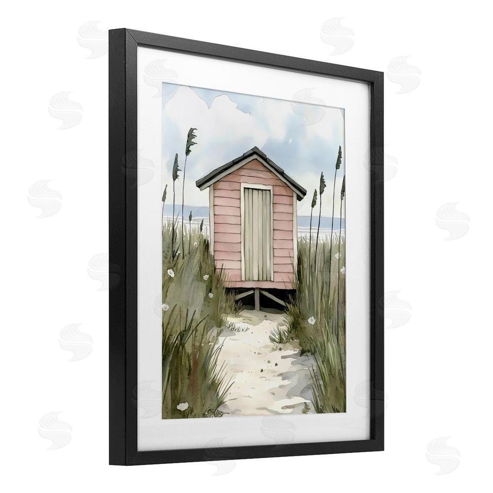 Riley B Coastal Calm Pink Beach Hut Black Framed Print Under Glass Wall Art