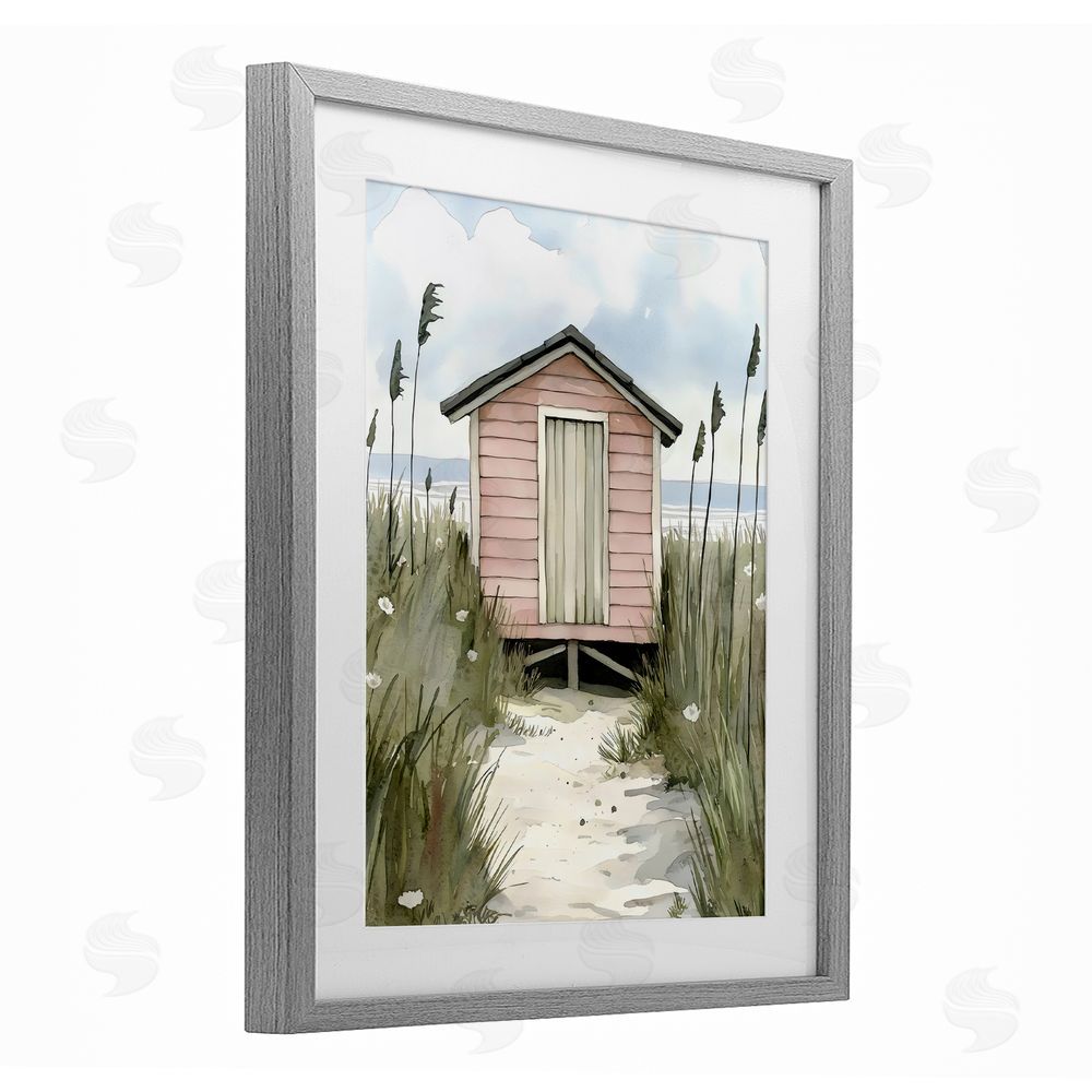 Riley B Coastal Calm Pink Beach Hut Gray Framed Print Under Glass Wall Art