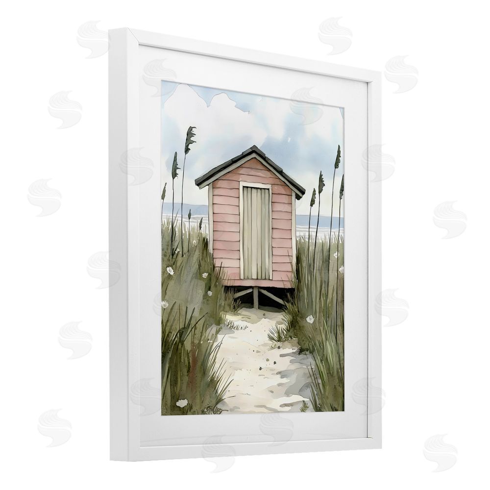 Riley B Coastal Calm Pink Beach Hut White Framed Print Under Glass Wall Art