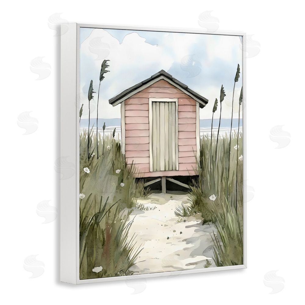 Riley B Coastal Calm Pink Beach Hut White Framed Giclee Wall Art Print
