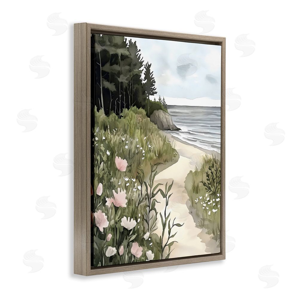 Riley B Coastal Calm Floral Pathway Brown Floating Frame Canvas Wall Art Print