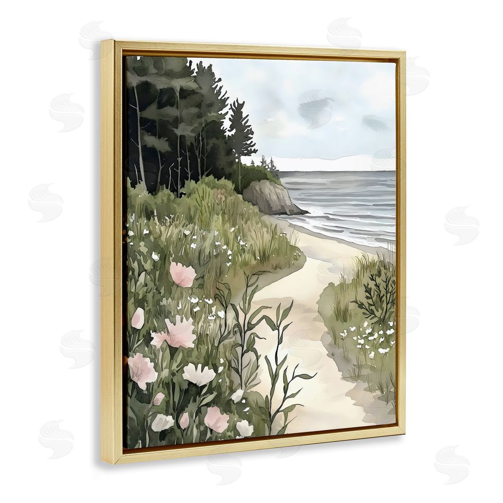 Riley B Coastal Calm Floral Pathway Gold Floating Frame Canvas Wall Art Print