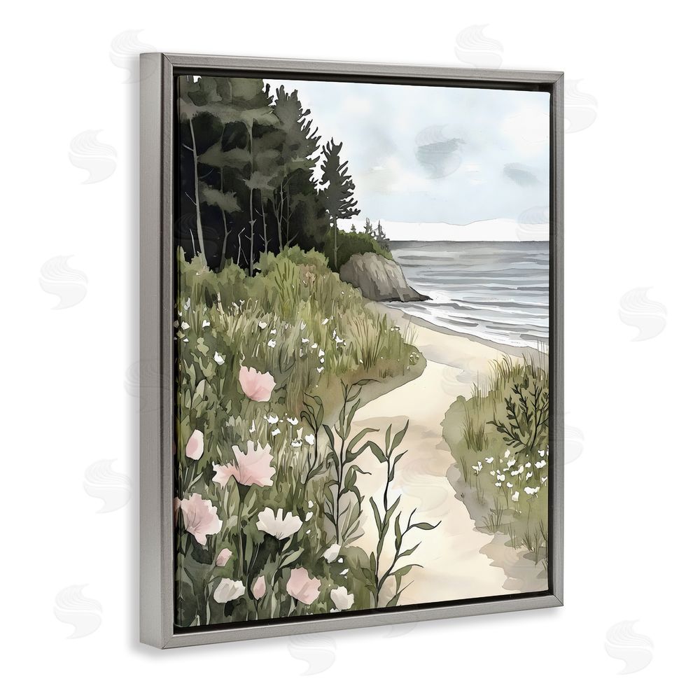 Riley B Coastal Calm Floral Pathway Gray Floating Frame Canvas Wall Art Print