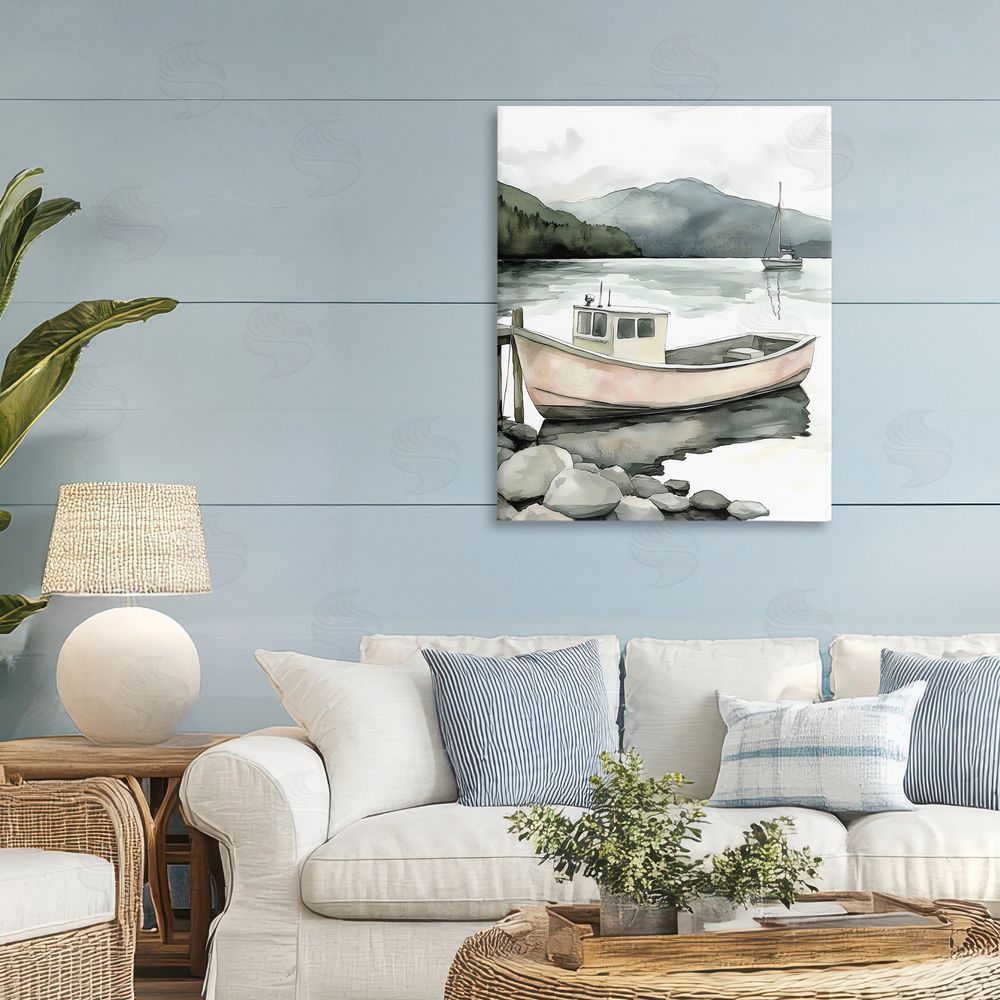 Riley B Coastal Calm Docked Boat Stretched Canvas Wall Art in Room