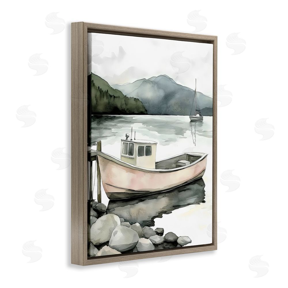 Riley B Coastal Calm Docked Boat Brown Floating Frame Canvas Wall Art Print