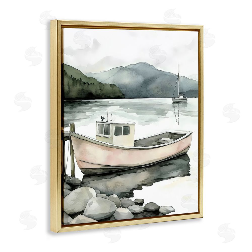 Riley B Coastal Calm Docked Boat Gold Floating Frame Canvas Wall Art Print