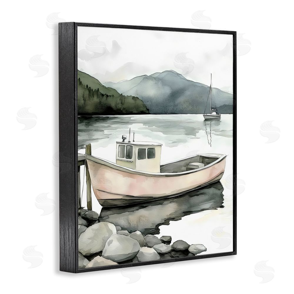 Riley B Coastal Calm Docked Boat Black Framed Giclee Wall Art Print