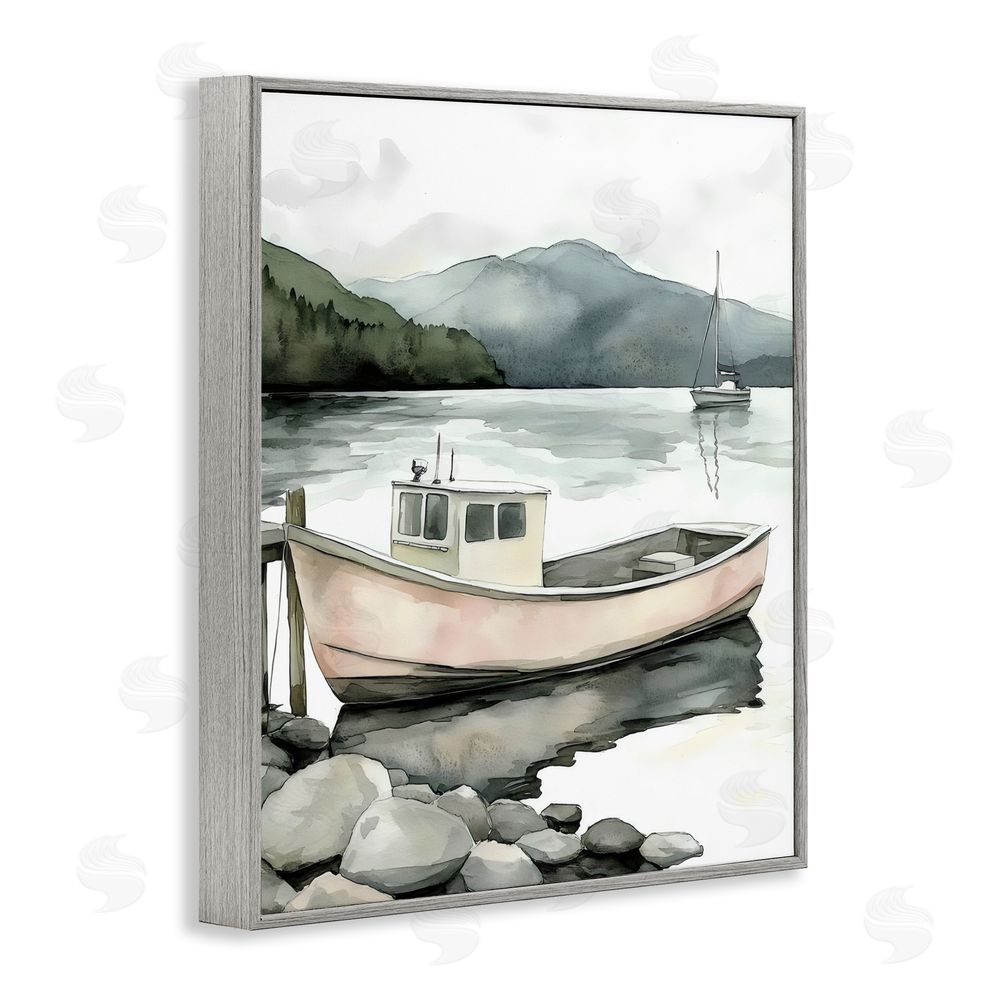 Riley B Coastal Calm Docked Boat Gray Framed Giclee Wall Art Print