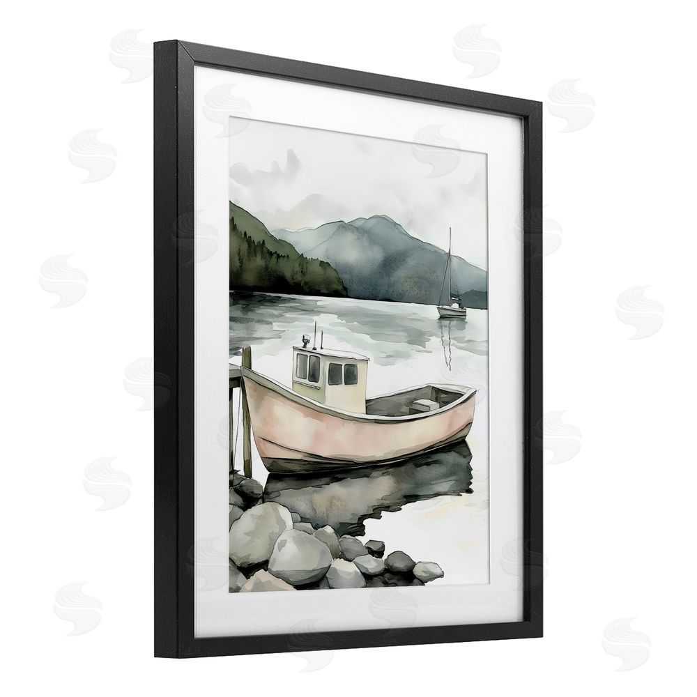 Riley B Coastal Calm Docked Boat Black Framed Print Under Glass Wall Art