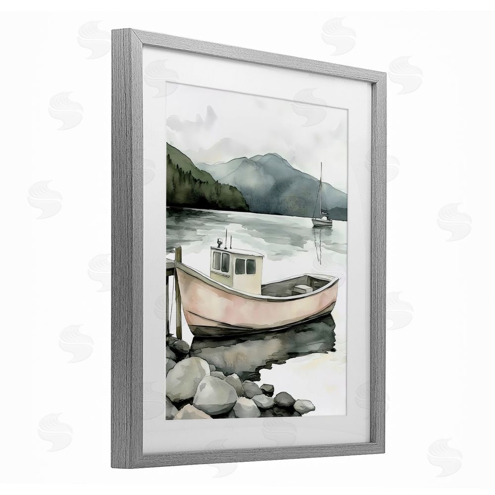 Riley B Coastal Calm Docked Boat Gray Framed Print Under Glass Wall Art