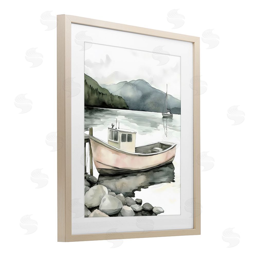 Riley B Coastal Calm Docked Boat Brown Framed Print Under Glass Wall Art