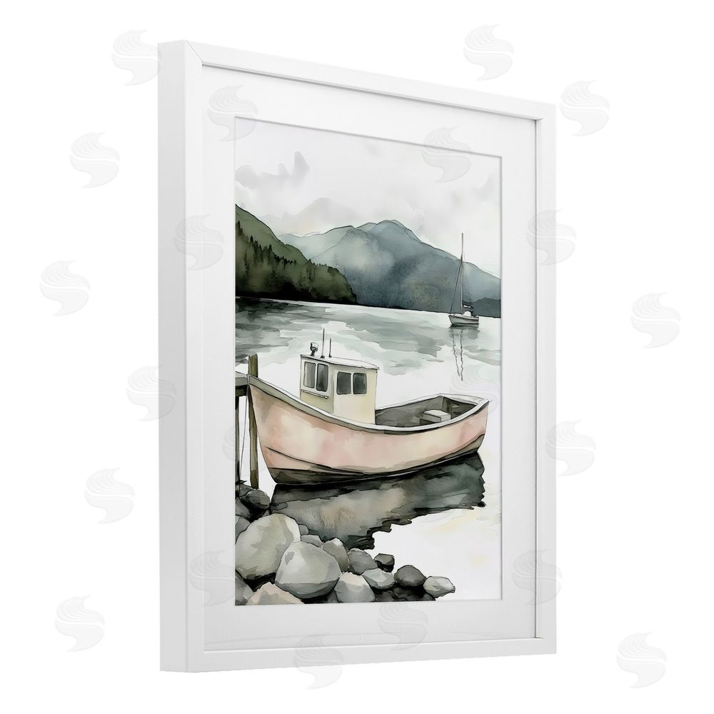 Riley B Coastal Calm Docked Boat White Framed Print Under Glass Wall Art