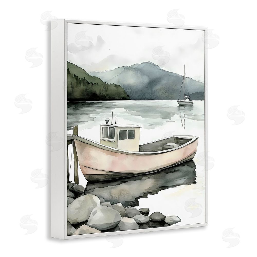 Riley B Coastal Calm Docked Boat White Framed Giclee Wall Art Print