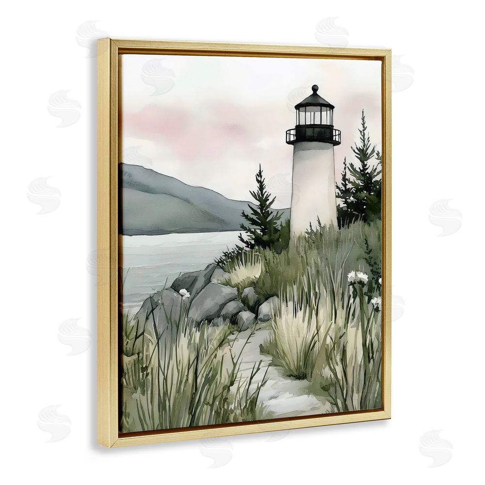Riley B Coastal Calm Lighthouse Gold Floating Frame Canvas Wall Art Print