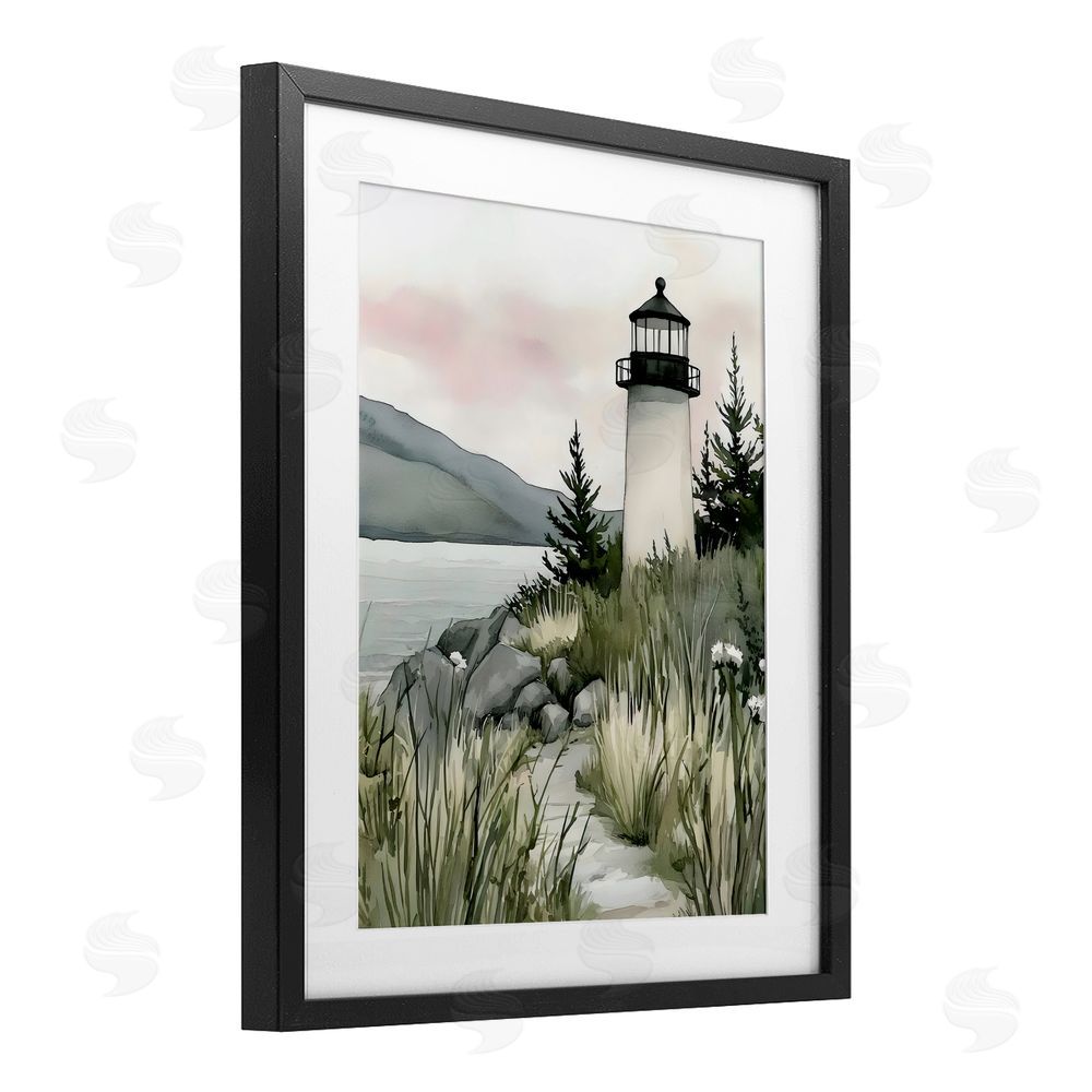 Riley B Coastal Calm Lighthouse Black Framed Print Under Glass Wall Art