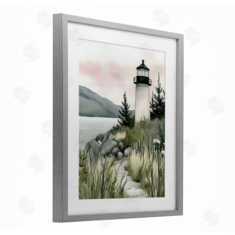 Riley B Coastal Calm Lighthouse Gray Framed Print Under Glass Wall Art