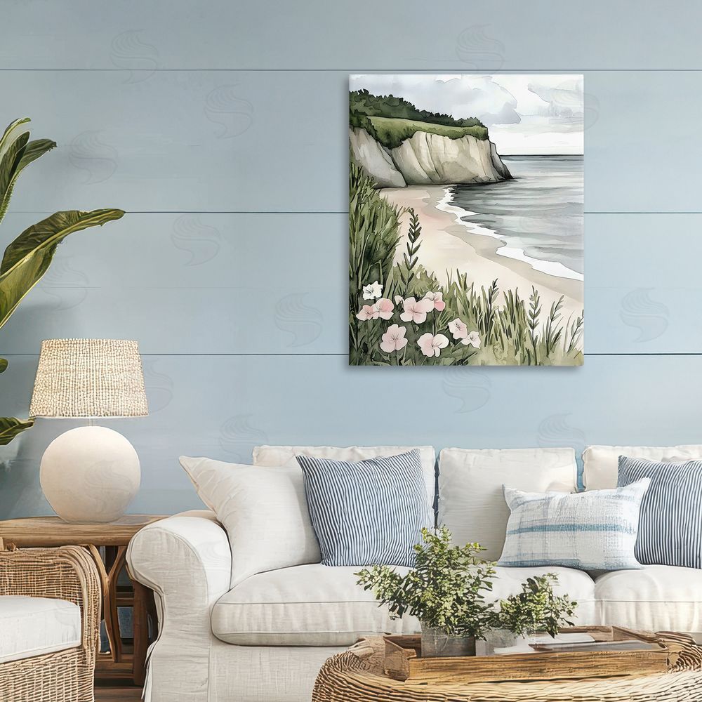 Riley B Coastal Calm with Floral Blooms Stretched Canvas Wall Art in Room