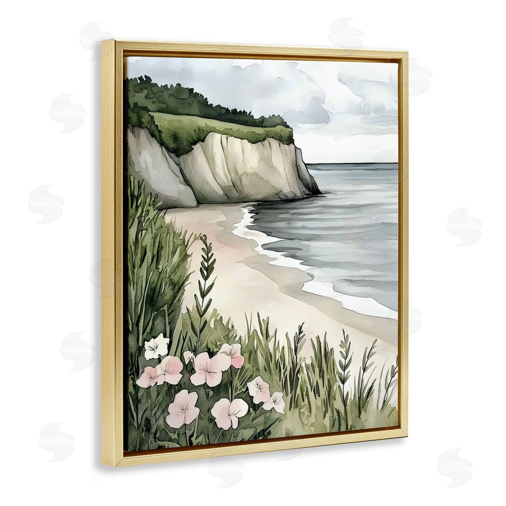 Riley B Coastal Calm with Floral Blooms Gold Floating Frame Canvas Wall Art Print
