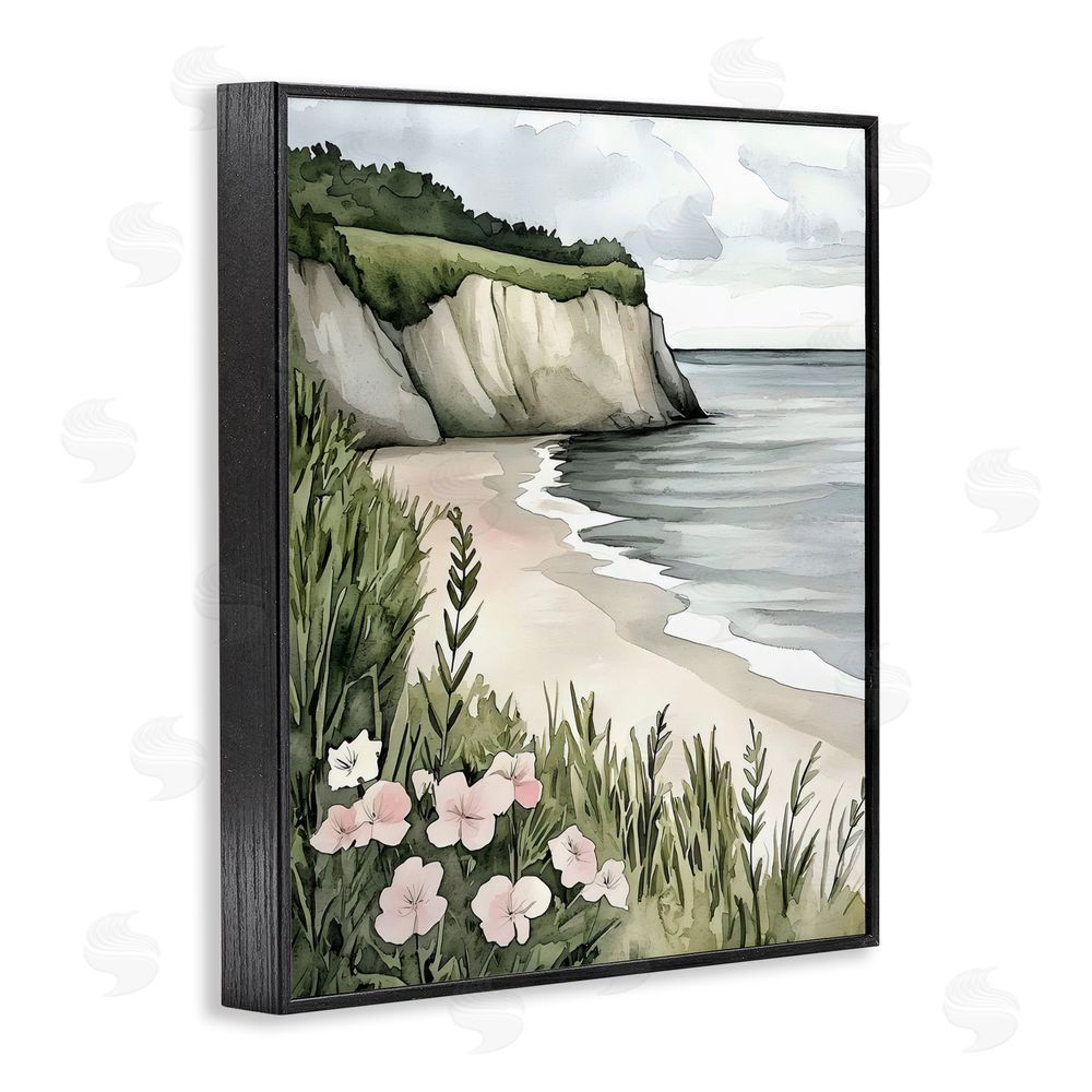 Riley B Coastal Calm with Floral Blooms Black Framed Giclee Wall Art Print