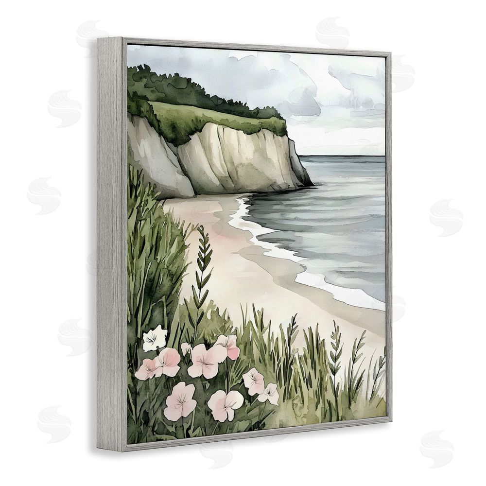 Riley B Coastal Calm with Floral Blooms Gray Framed Giclee Wall Art Print