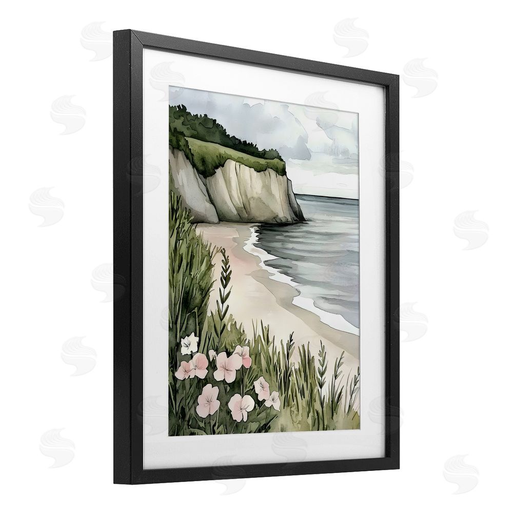 Riley B Coastal Calm with Floral Blooms Black Framed Print Under Glass Wall Art