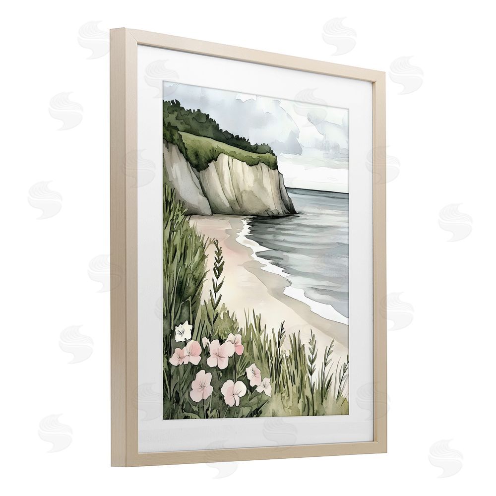 Riley B Coastal Calm with Floral Blooms Brown Framed Print Under Glass Wall Art