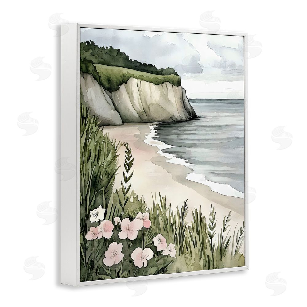 Riley B Coastal Calm with Floral Blooms White Framed Giclee Wall Art Print