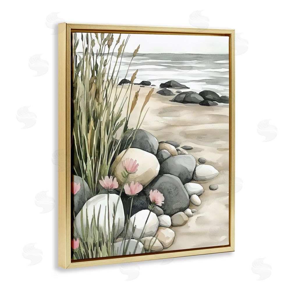 Riley B Coastal Calm Pebbles Gold Floating Frame Canvas Wall Art Print