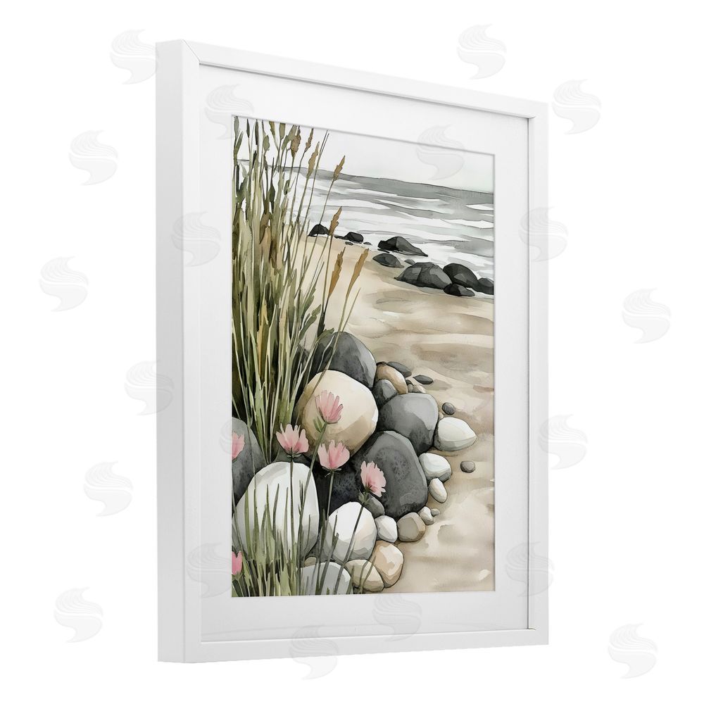 Riley B Coastal Calm Pebbles White Framed Print Under Glass Wall Art