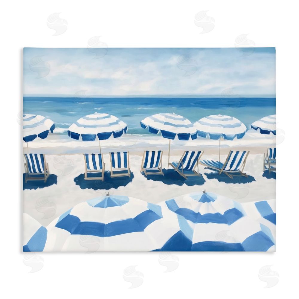 Sisi and Seb Beach Nice Blue Striped Umbrellas Stretched Canvas Wall Art Print