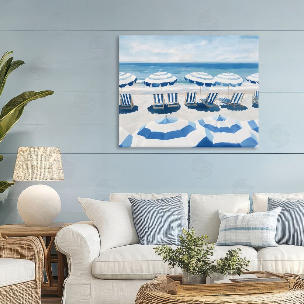 Sisi and Seb Beach Nice Blue Striped Umbrellas Stretched Canvas Wall Art Print in Room