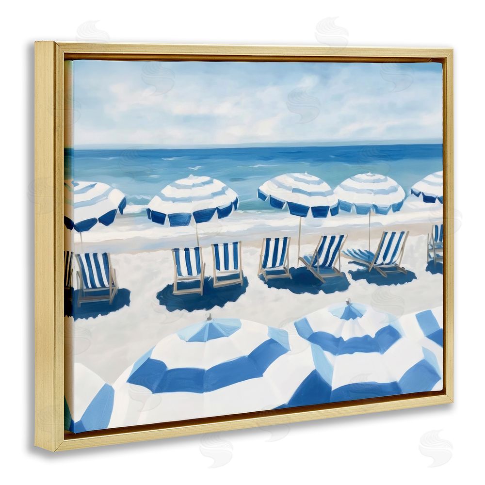Sisi and Seb Beach Nice Blue Striped Umbrellas Gold Floating Frame Stretched Canvas Wall Art Print