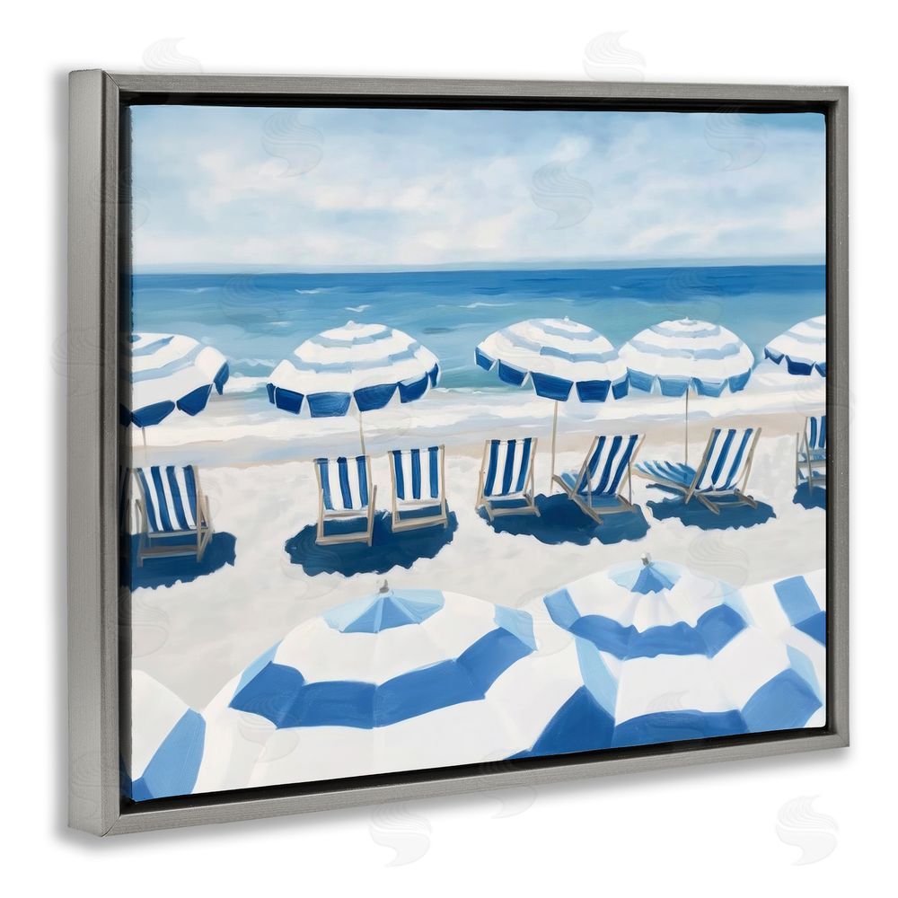 Sisi and Seb Beach Nice Blue Striped Umbrellas Gray Floating Frame Stretched Canvas Wall Art Print