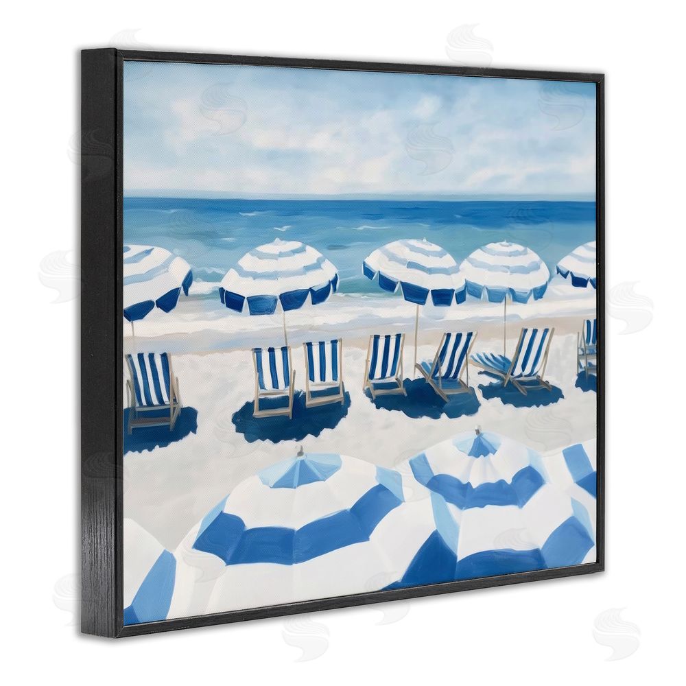 Sisi and Seb Beach Nice Blue Striped Umbrellas Black Framed Giclee Wall Art Print